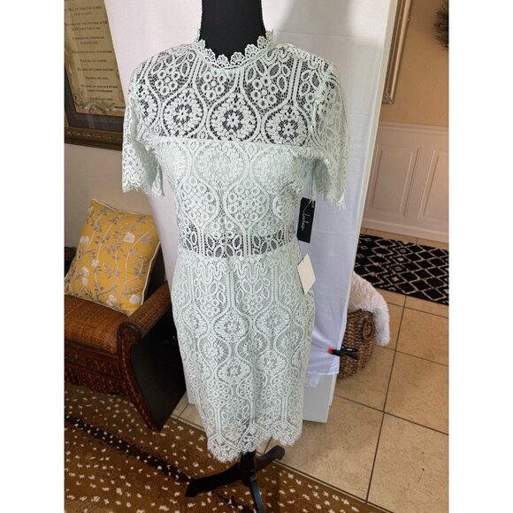 NWT Lulus Mint Blue Sheer Lace Office Siren Shortsleeve Mini Dress M Bodycon - Picture 4 of 13